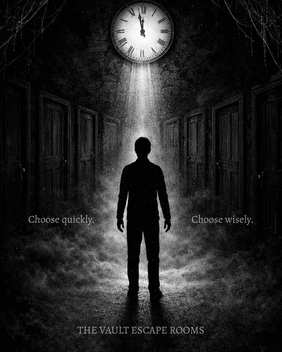 Choose quickly. Choose wisely. — a hallway of doors at The Vault Escape Rooms